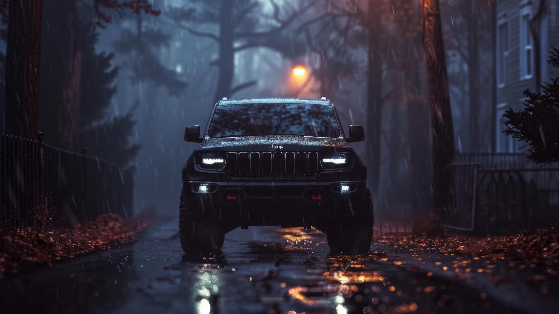 Photorealistic close-up view of a jeep grand Cherokee in gothic gloomy and foggy dim lighting