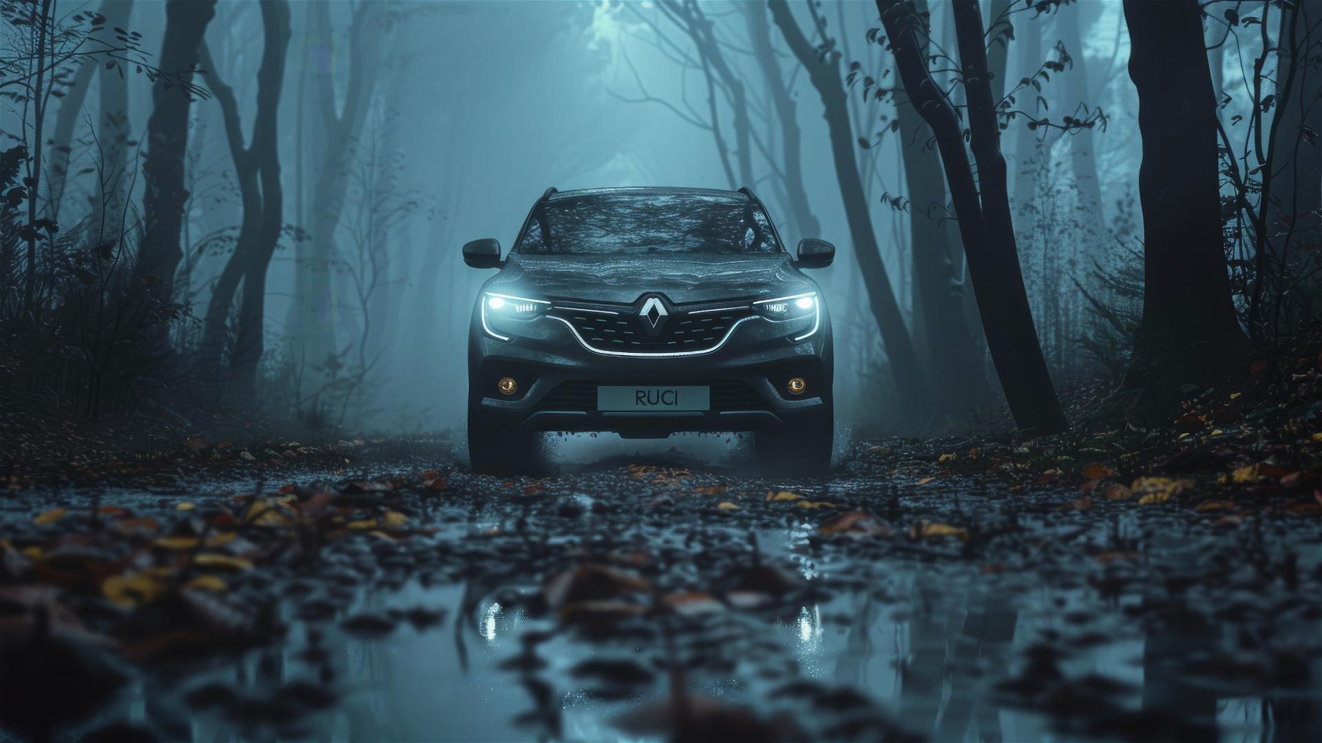 Renault Kadjar in dim gothic gloom, photorealistic closeup with fog