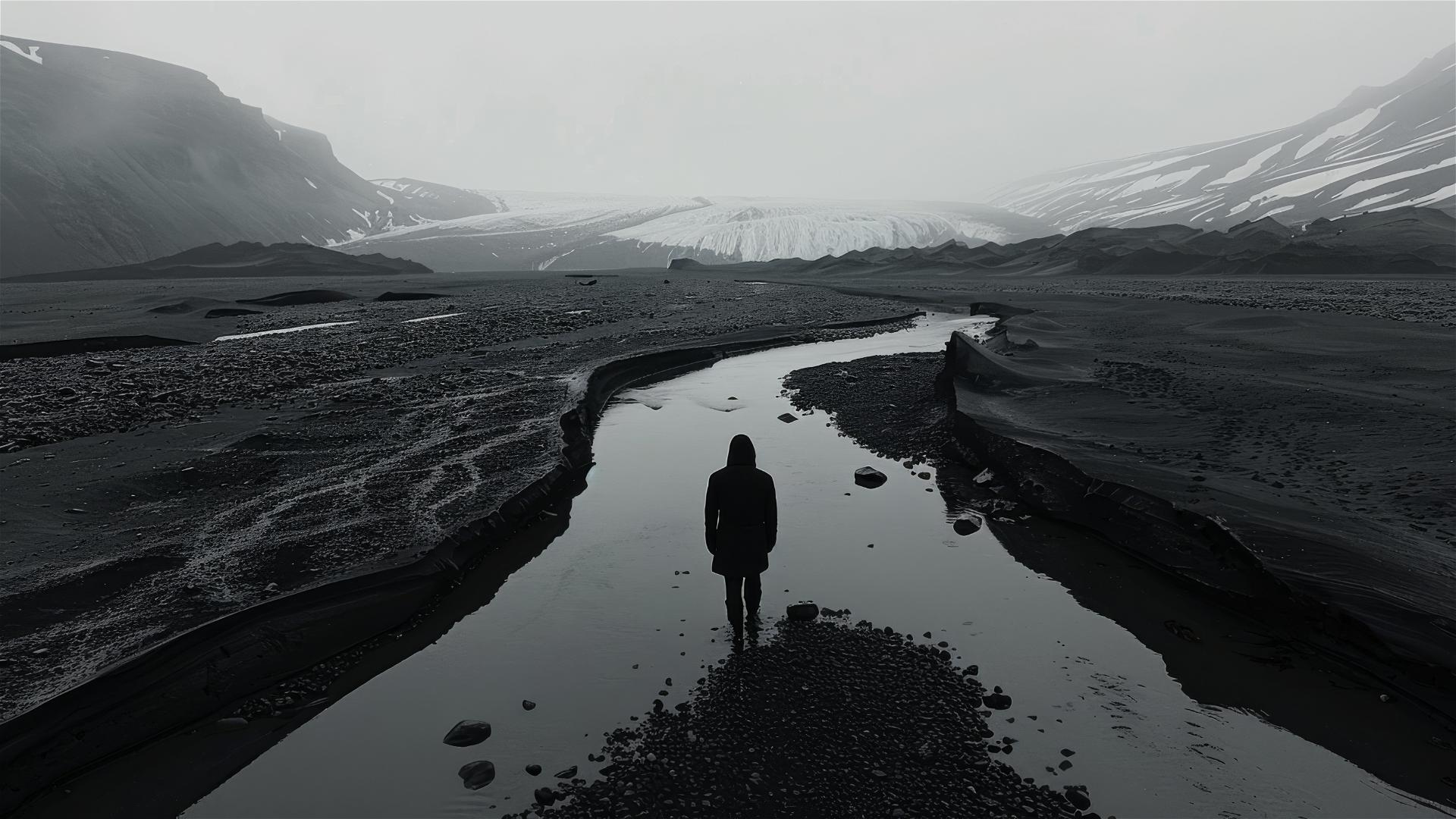 Dark figure in Antarctica viewed from above, conveying loneliness and stillness
