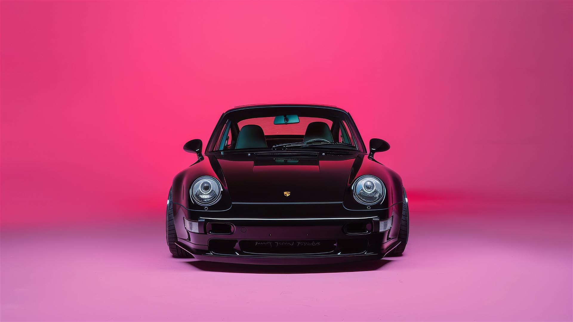 Black Porsche 993 Turbo with RWB widebody kit on pink futuristic background