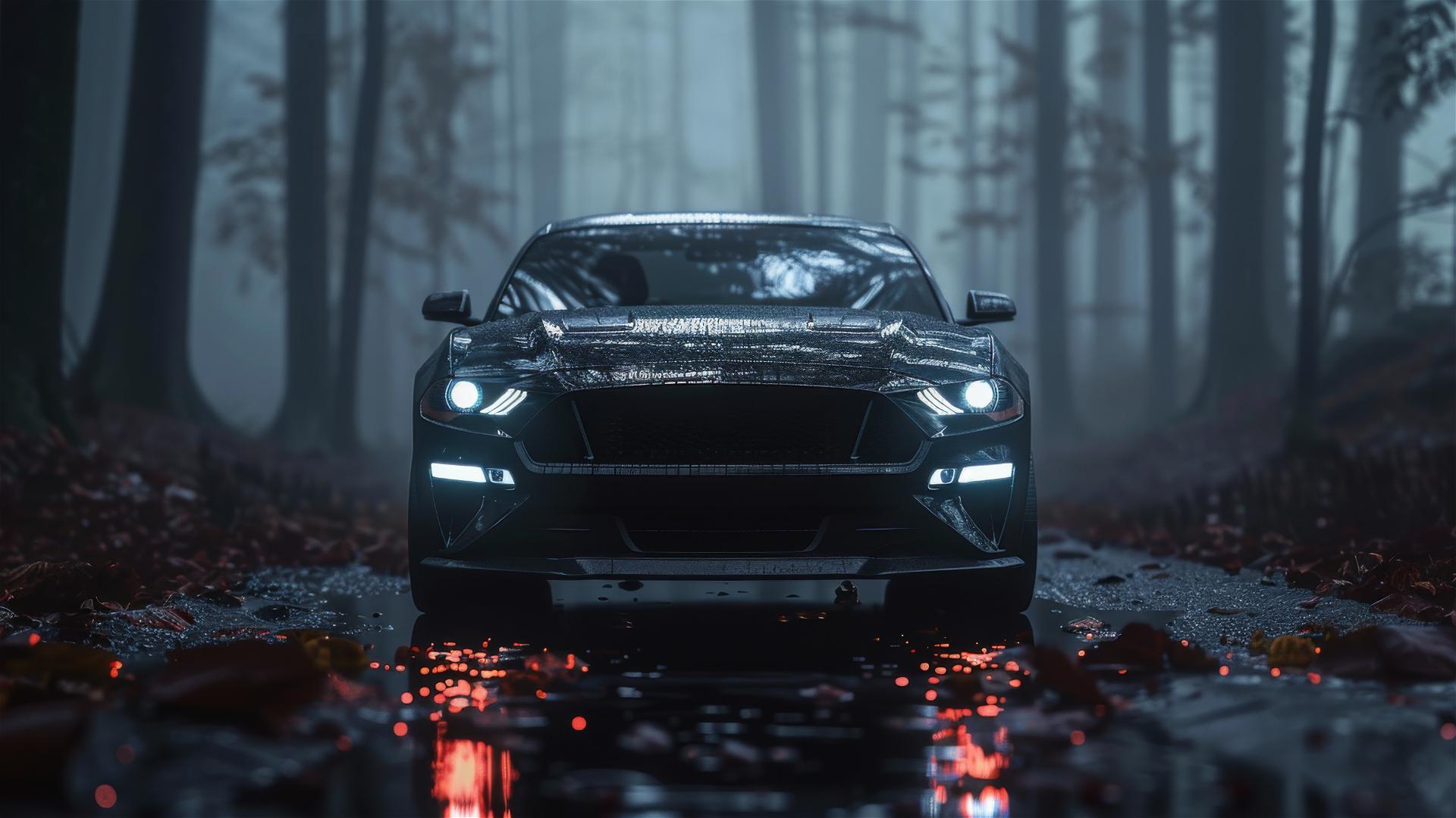 Photorealistic closeup of a Ford Mustang in dim gothic light with fog