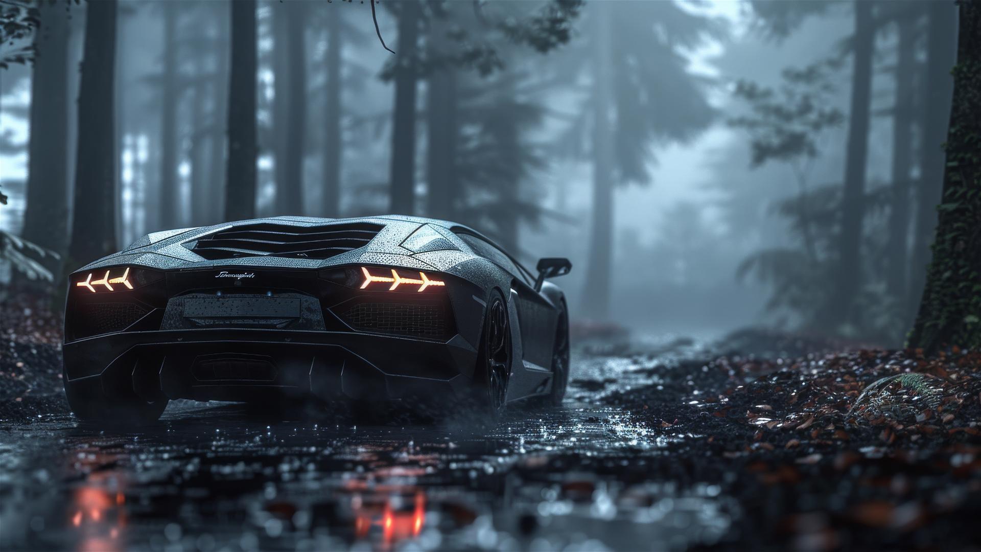 Closeup view of a Lamborghini Aventador in gothic gloomy and foggy dim lighting