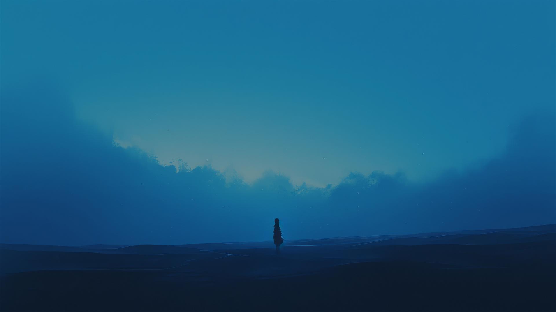 Expansive black sand desert blending into the sky on a moonless night