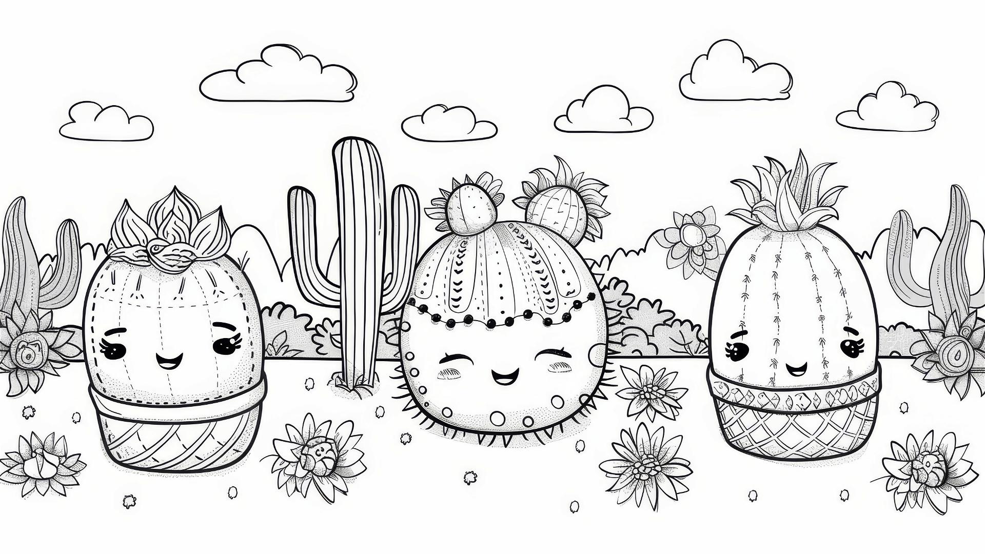 Vector artwork of kawaii cactuses for a coloring book page in black and white