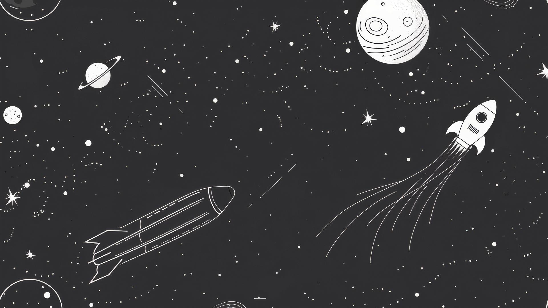 Black background with white line art of spaceships, moons, and planets along the edges