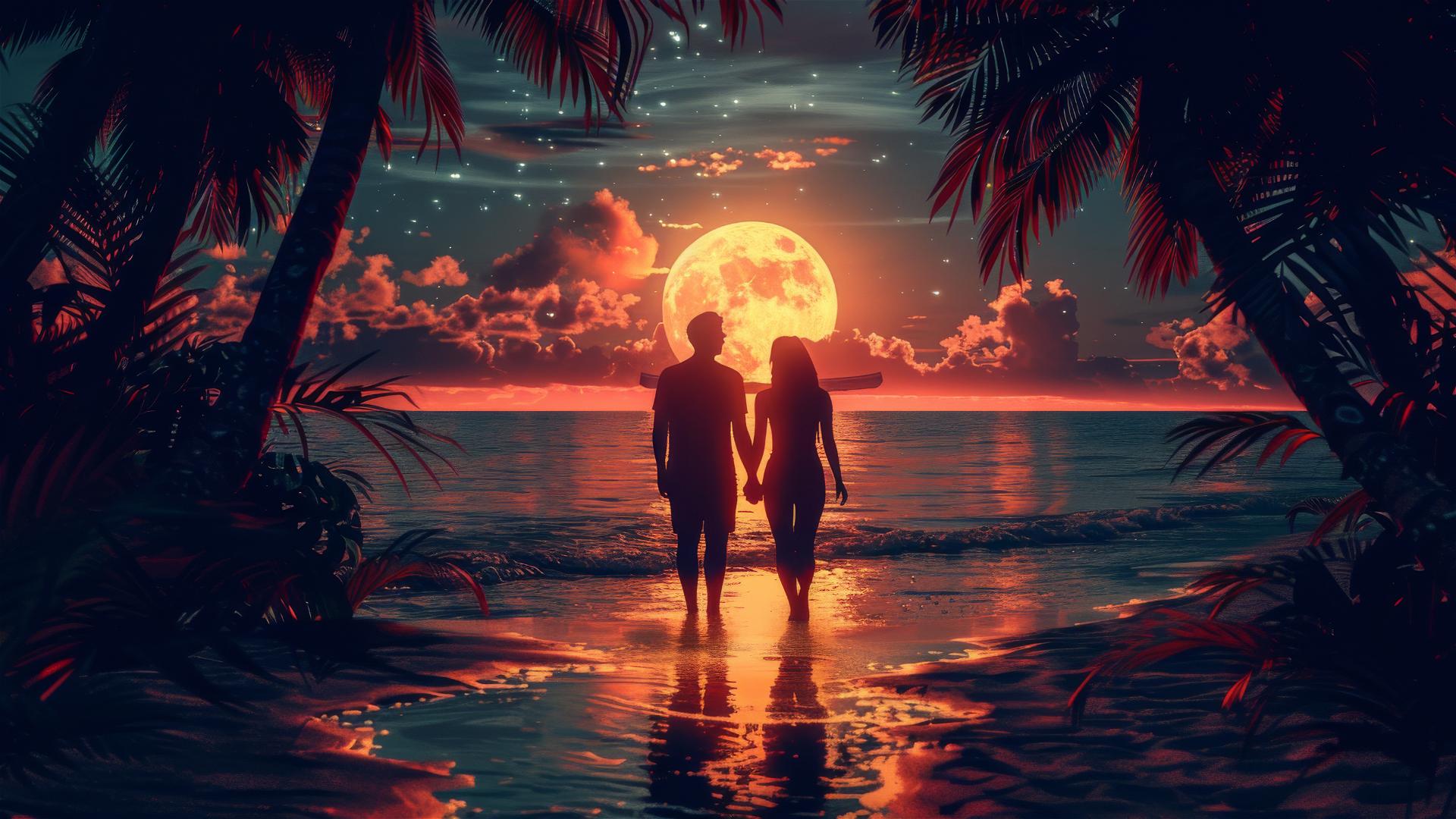 Silhouettes of a couple embracing on the beach under moonlit palm trees, warm colors