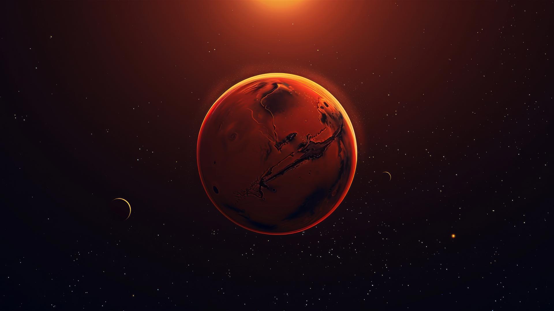 Vector art of a red planet behind a black sun with minimal design and cinematic lighting