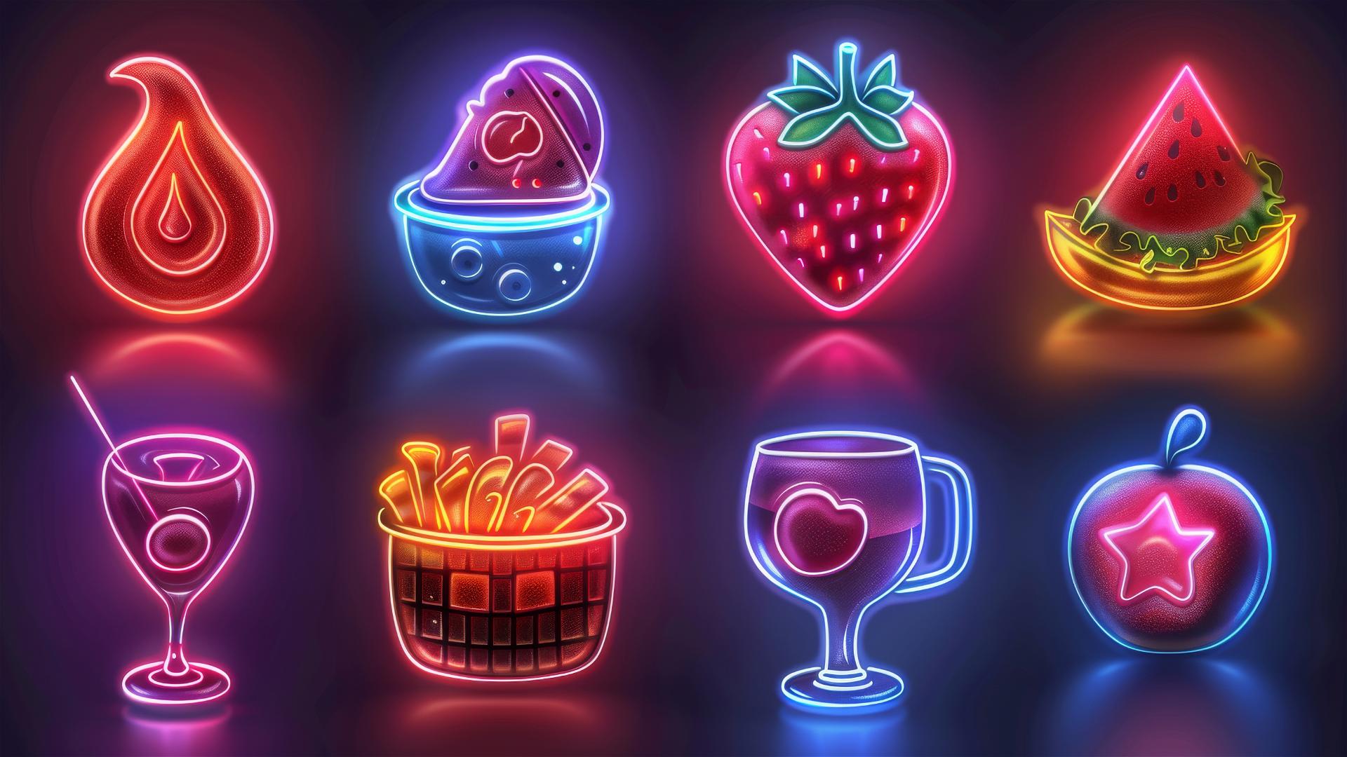 Colorful outline food icons on dark background