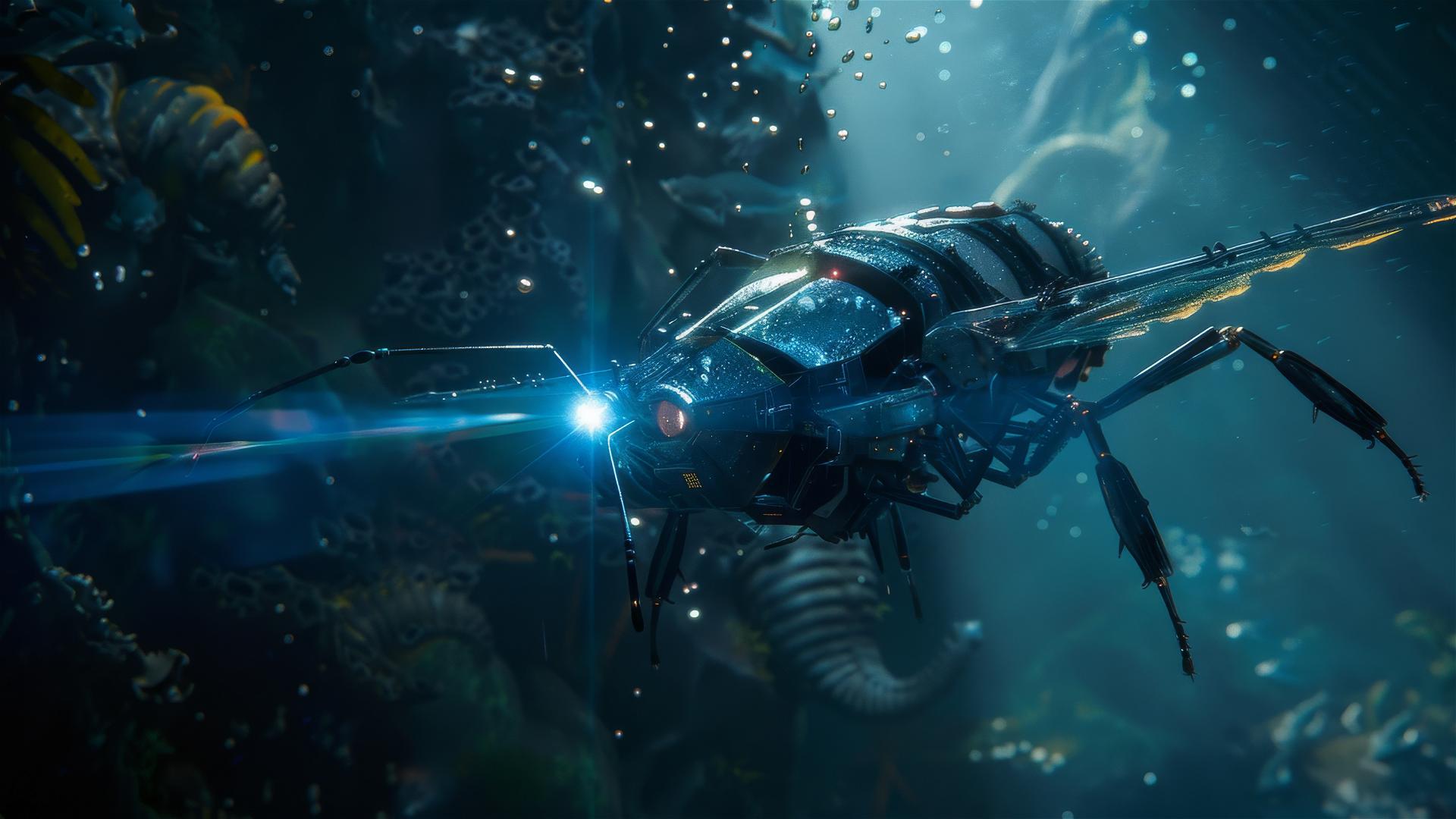 Gigantic mechanical ant glides underwater like an airplane with light beam