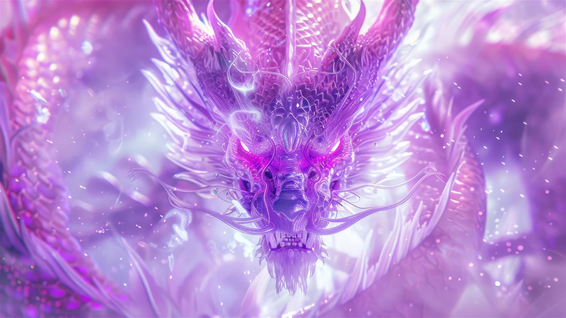 Majestic purple Chinese dragons facing each other with bright background