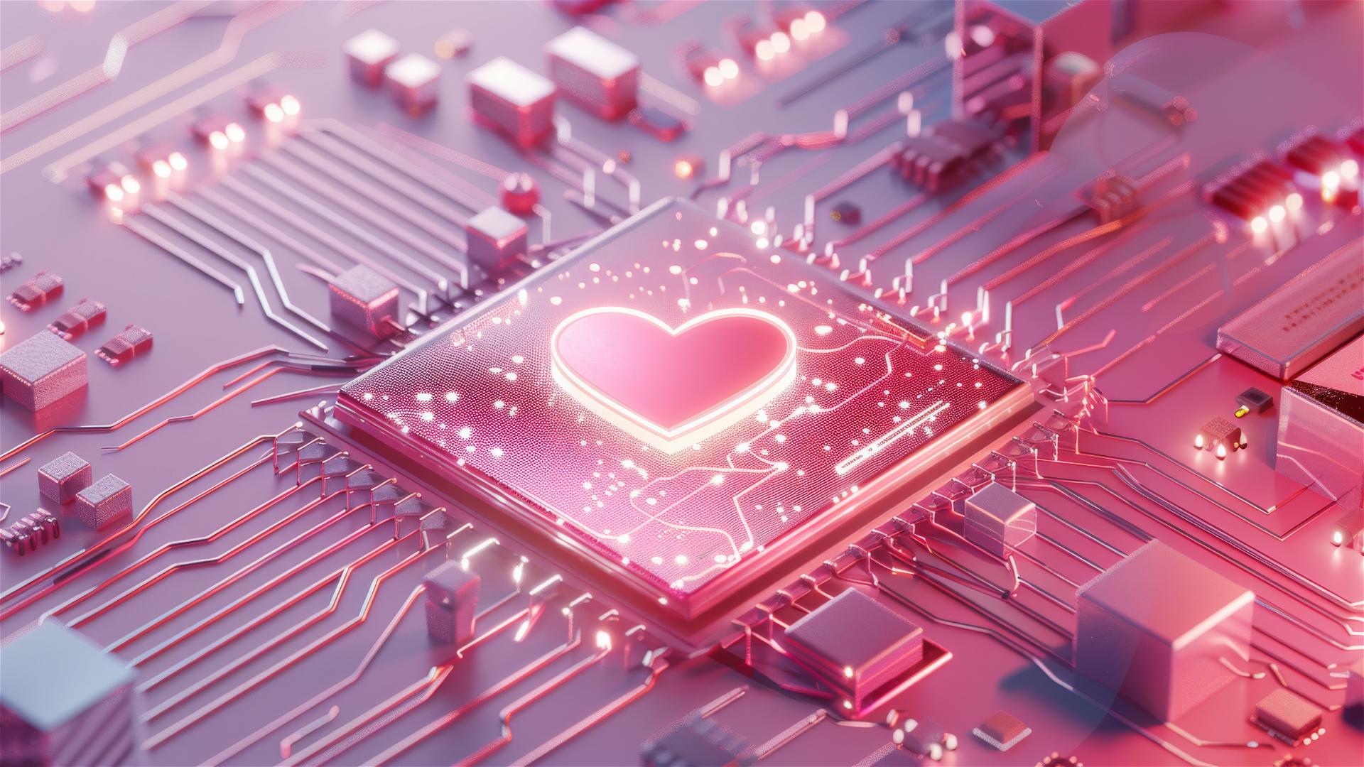 Heart-shaped computer chip on pink circuit board with cubes