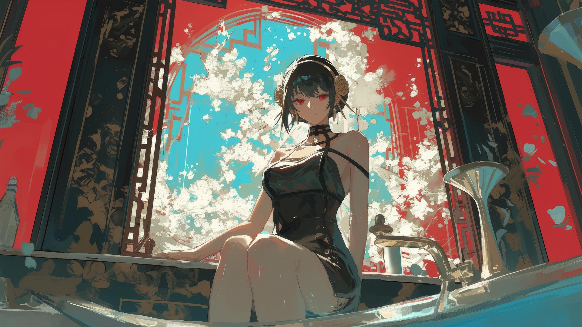 Yor Forger from Spy x Family in a tub filled with flowers in a Chinese spa