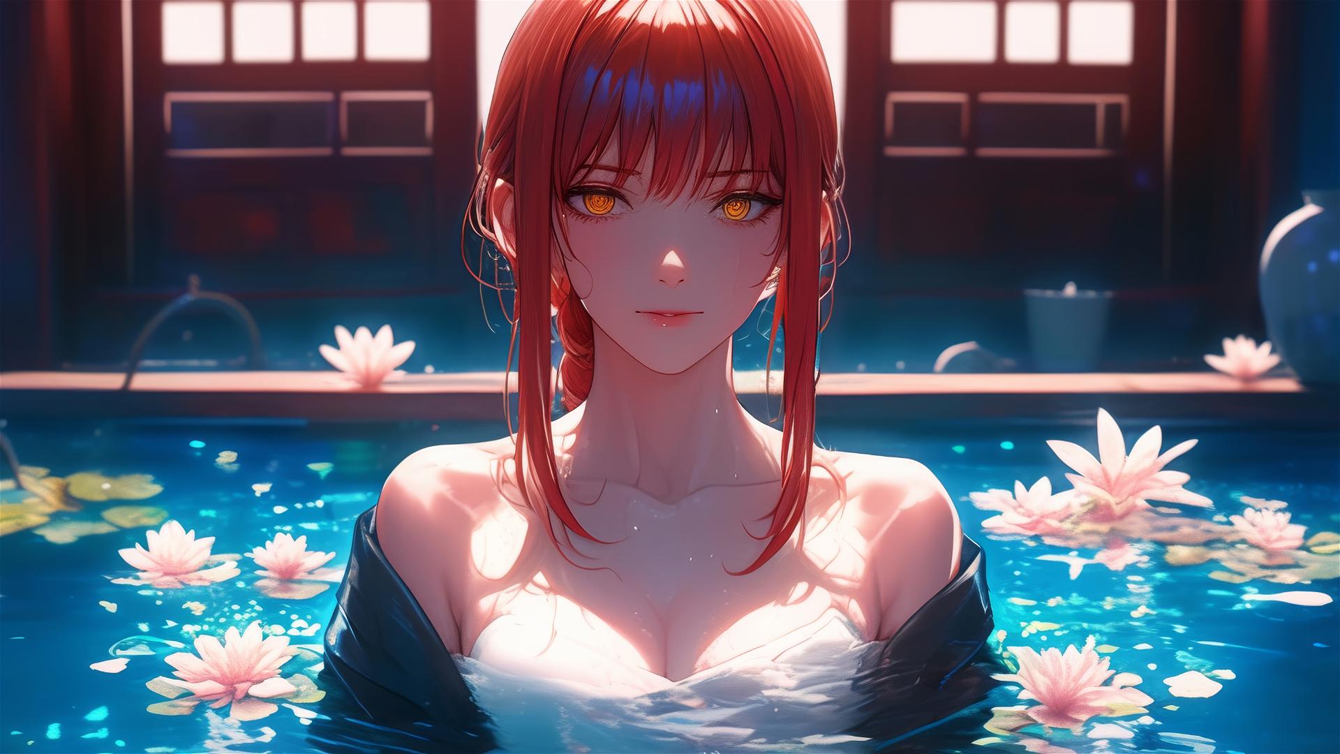 Makima from Chainsaw Man in a tub full of flowers at a Chinese spa