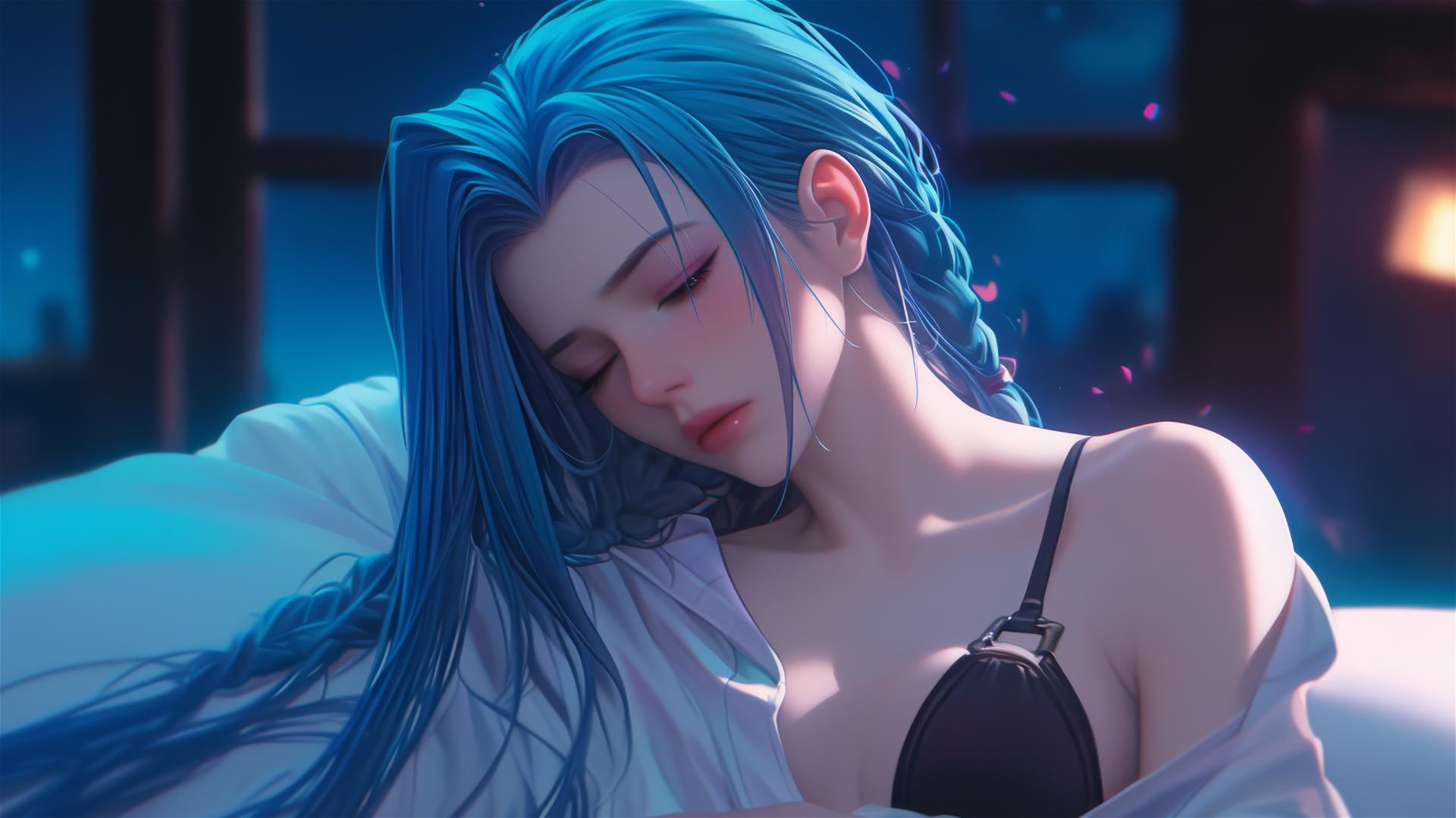 Jinx from League of Legends in silk pajamas under moonlight