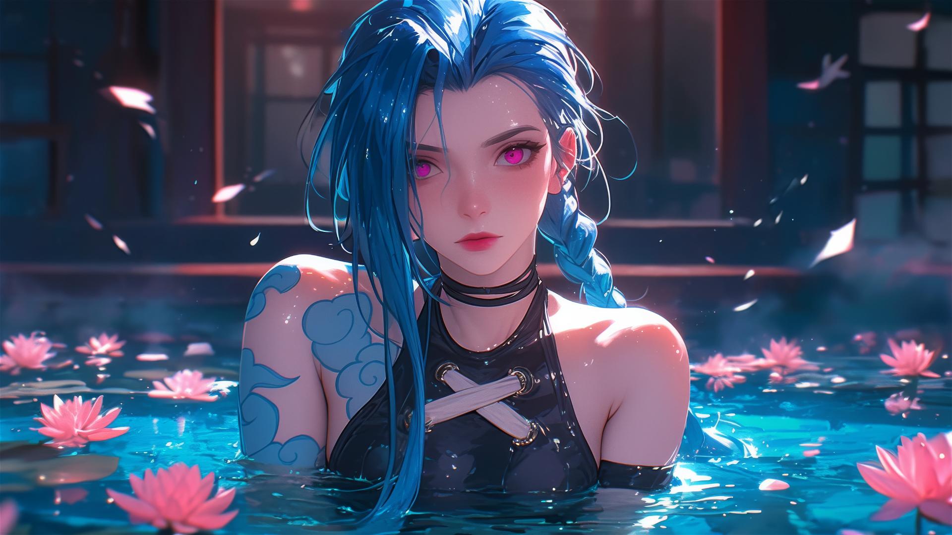 Jinx from League of Legends in a tub of flowers at a Chinese spa