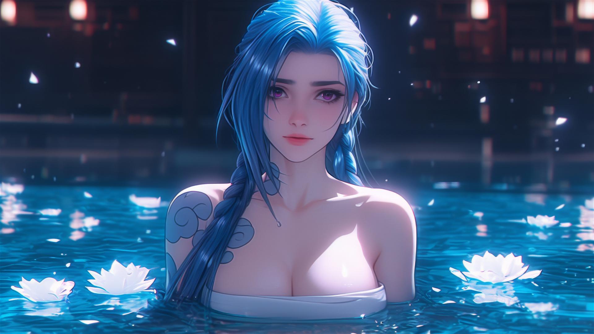 Jinx from League of Legends in a tub of flowers in a Chinese spa