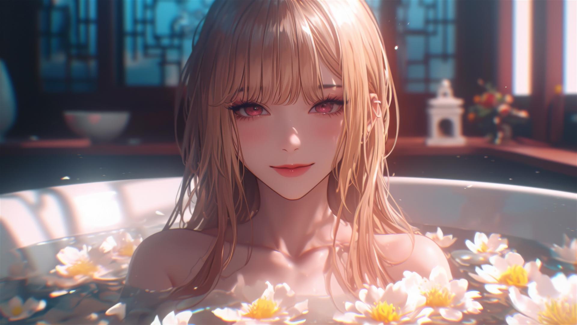 Marin Kitagawa in flower-filled tub at Chinese spa, silky blonde and pink hair, pinkish eyes