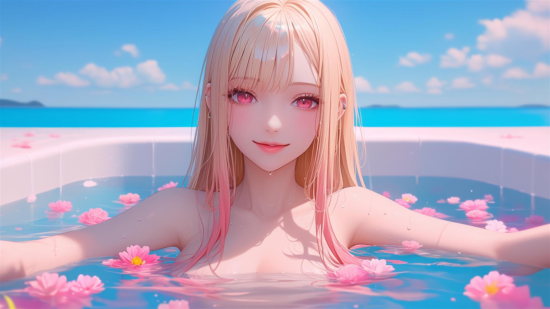 Marin Kitagawa in a tub full of flowers with blonde hair tipped in pink or orange