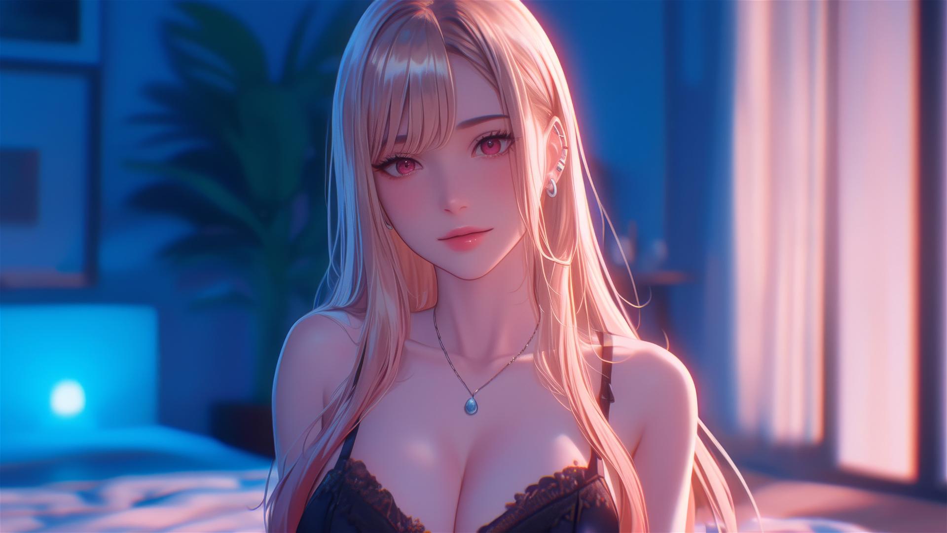 Marin Kitagawa sitting on hotel bed in moonlight with blonde, pink-tipped hair