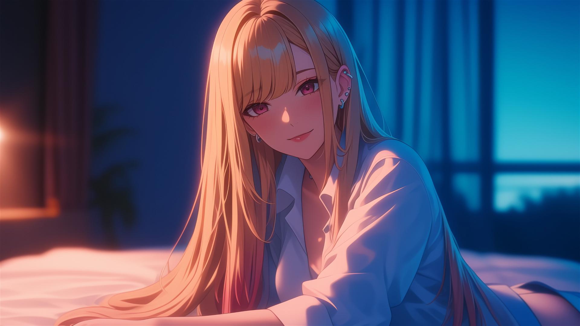 Marin Kitagawa sitting on a hotel bed with moonlight, blonde hair, pinkish eyes