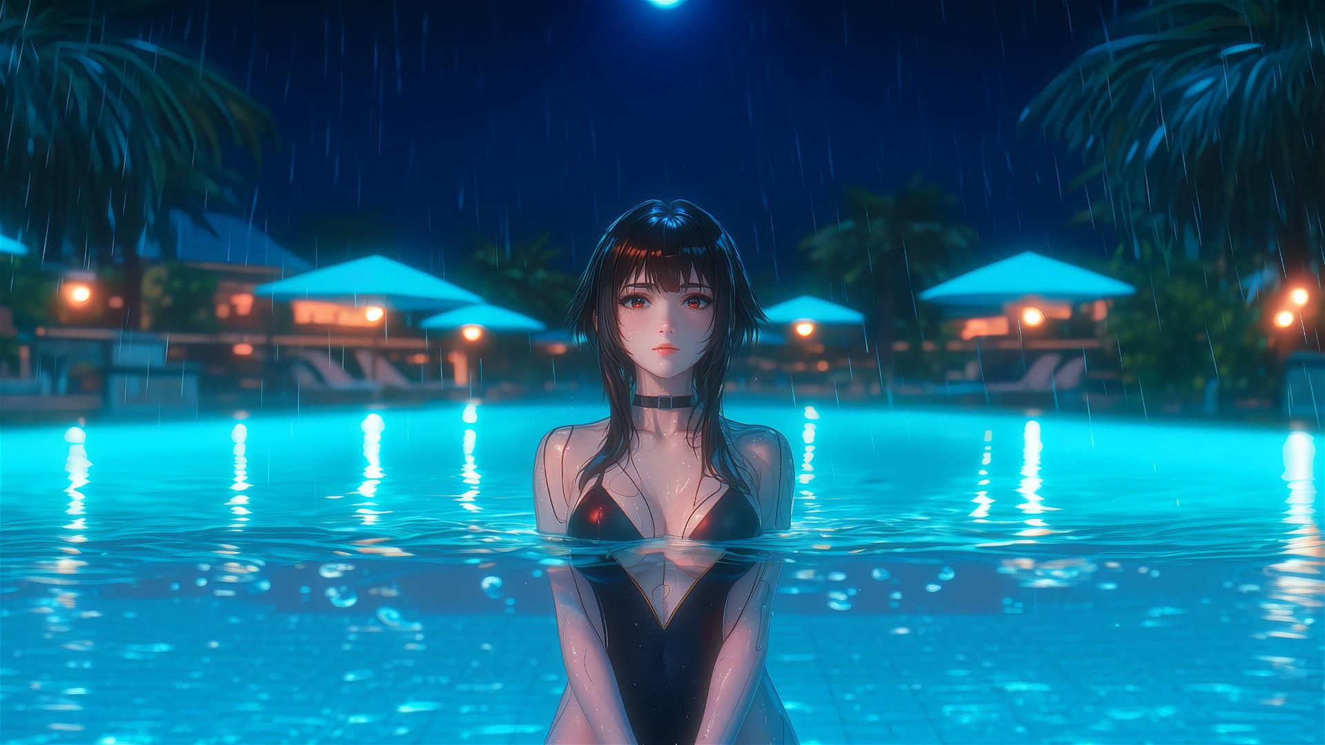 Megumin from KonoSuba standing in a swimming pool with moonlight and rain.