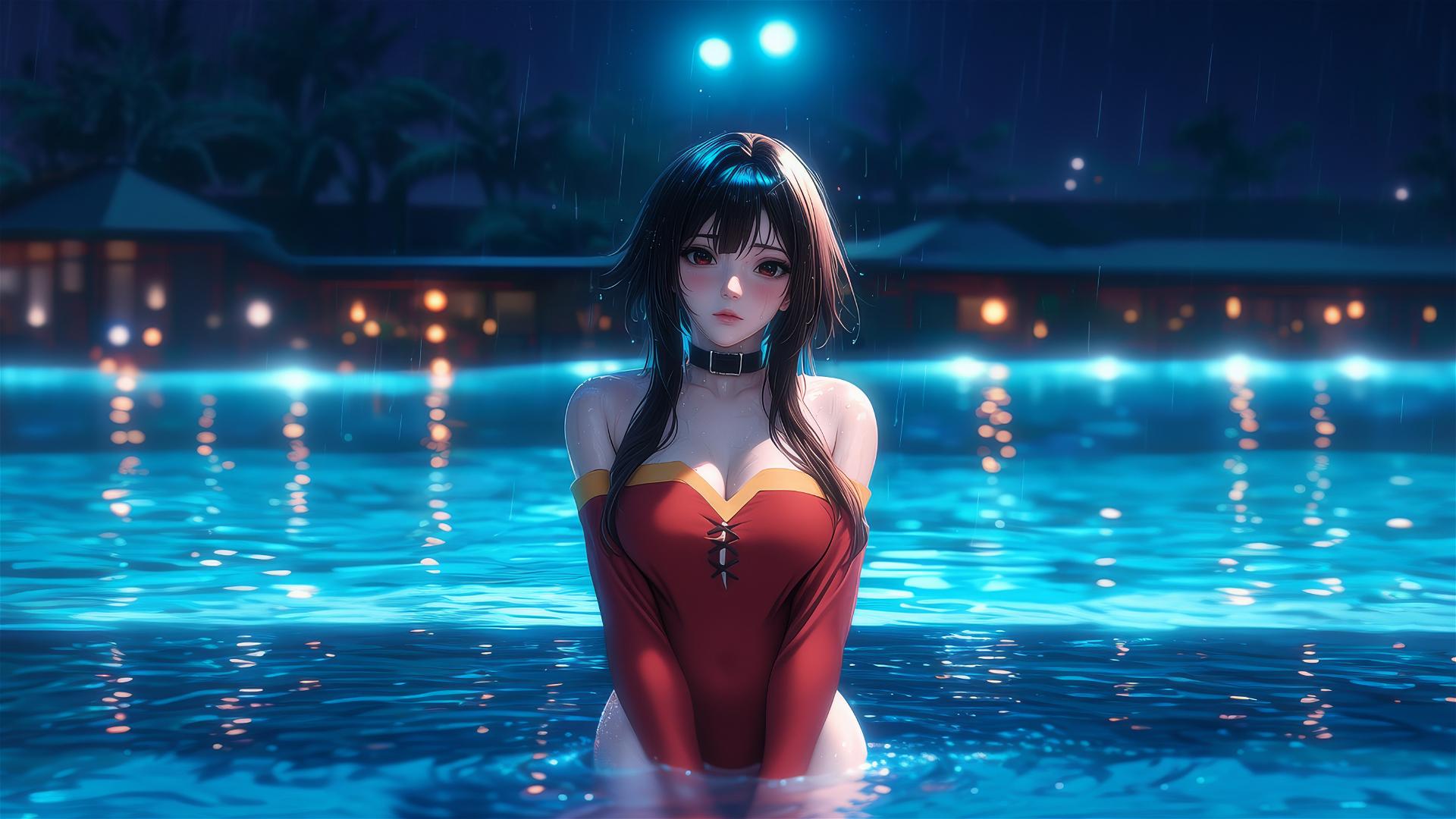 Megumin from KonoSuba standing in a swimming pool under moonlight and rain