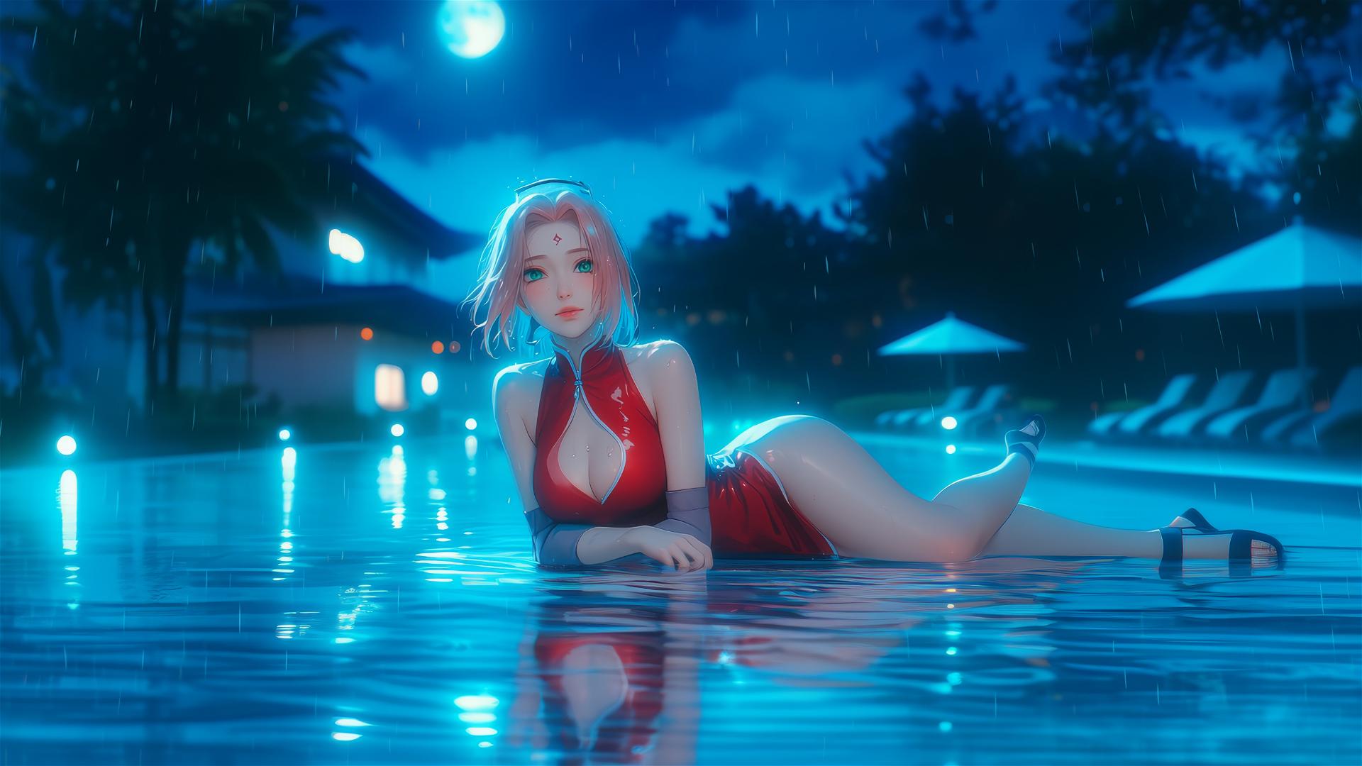 Haruno Sakura from Naruto rests by a rainy swimming pool under soft moonlight.