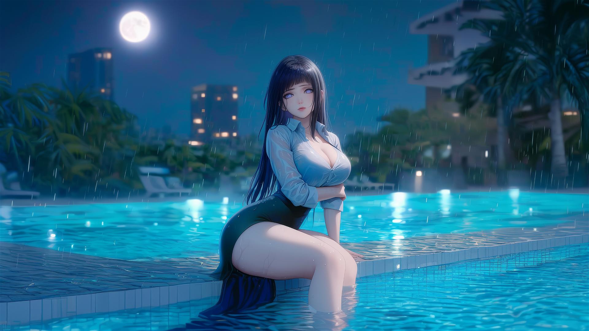 Hinata Hyuga from Naruto resting by a rainy swimming pool under moonlight