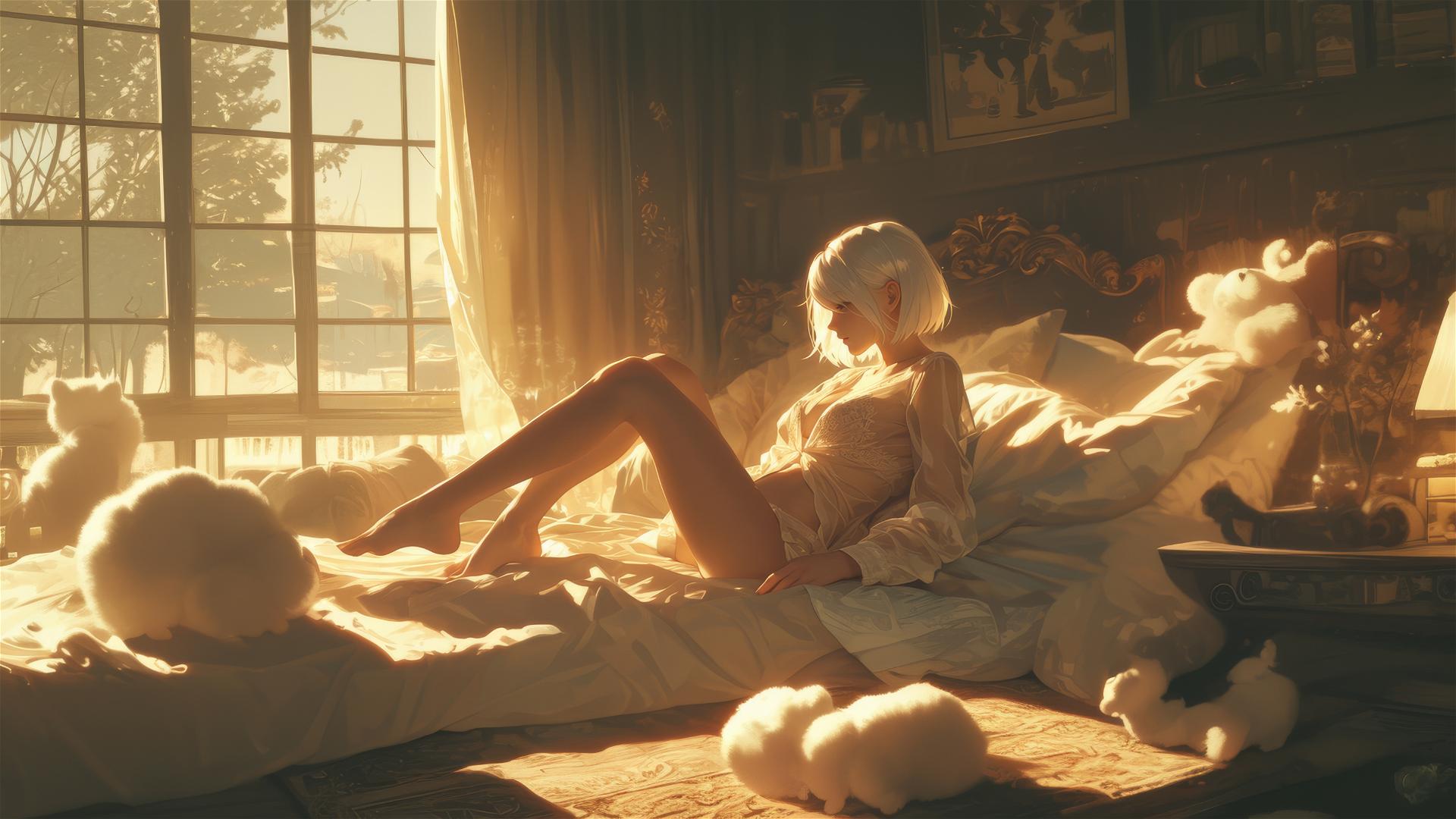 2B from Nier in white modern silk pajamas resting during sunrise with soft glow