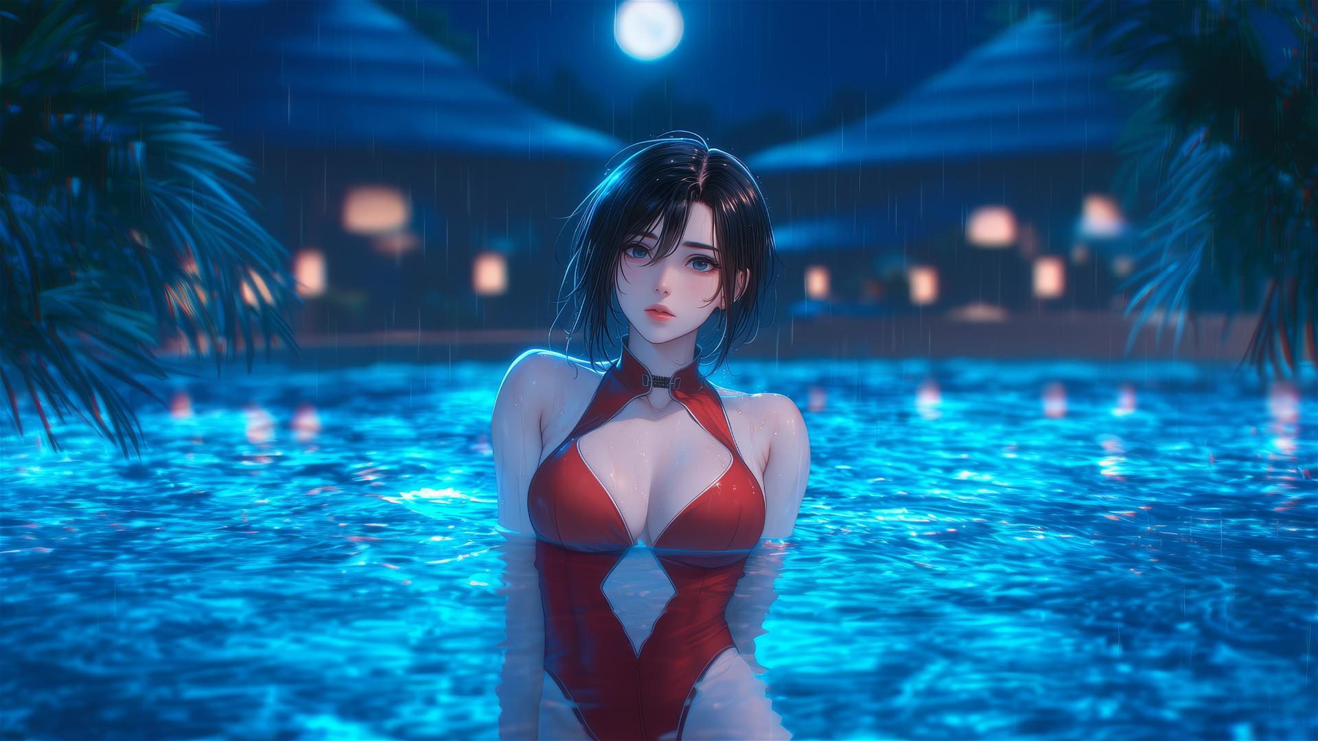 Mikasa Ackerman in a red dress standing in a rainy swimming pool illuminated by moonlight