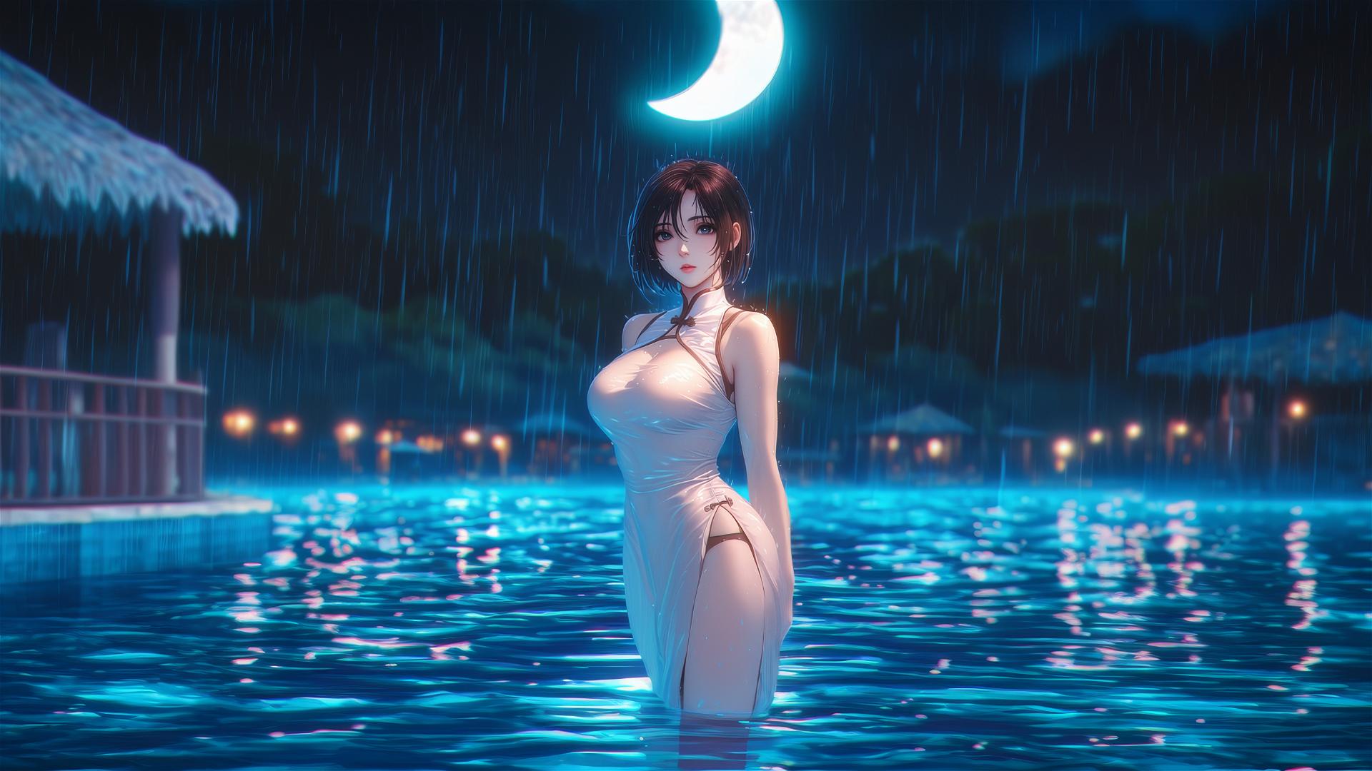 Mikasa Ackerman standing in a rainy swimming pool, moonlight glow, pink dress