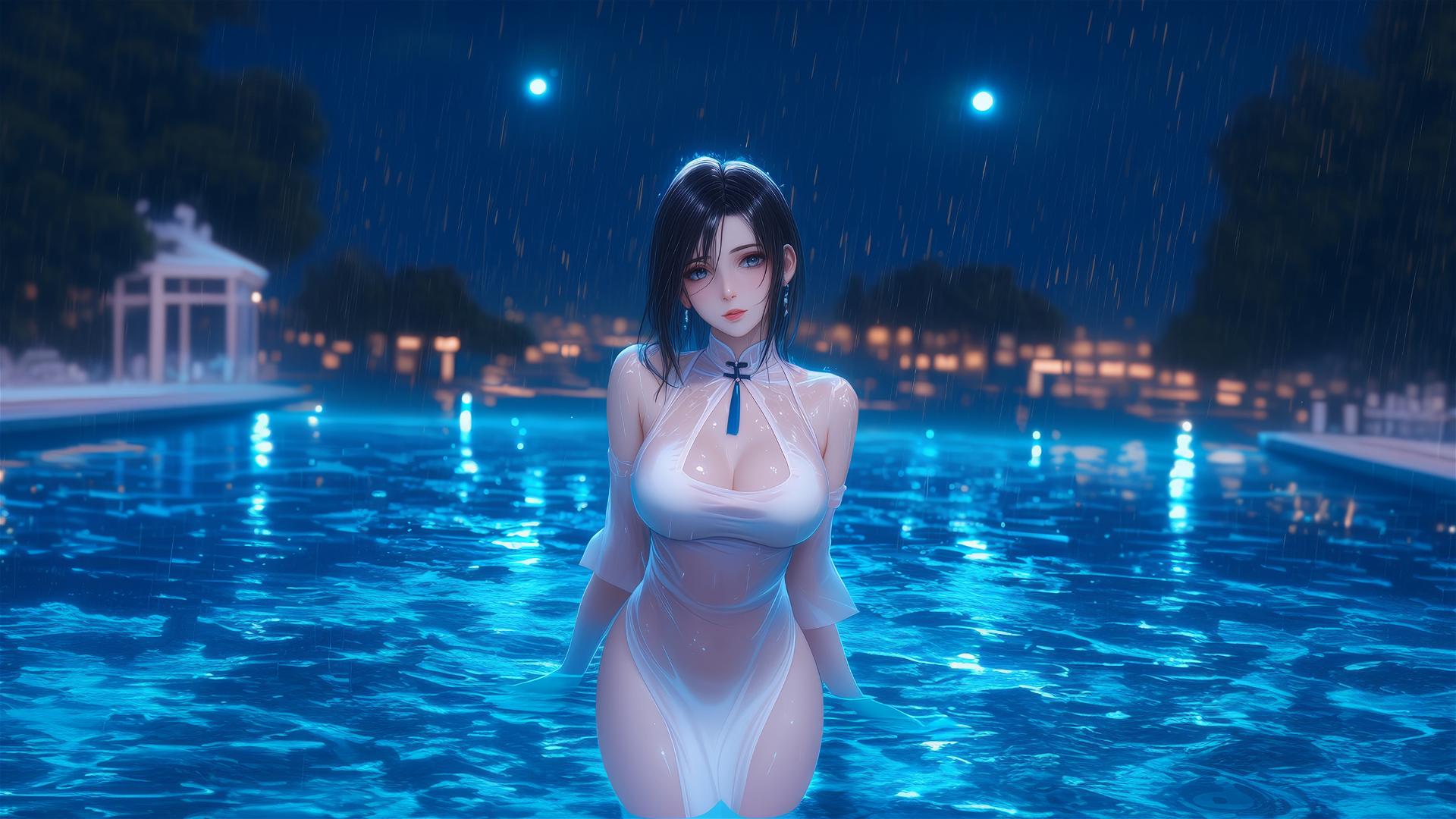 Mikasa Ackerman standing in a rainy swimming pool illuminated by moonlight