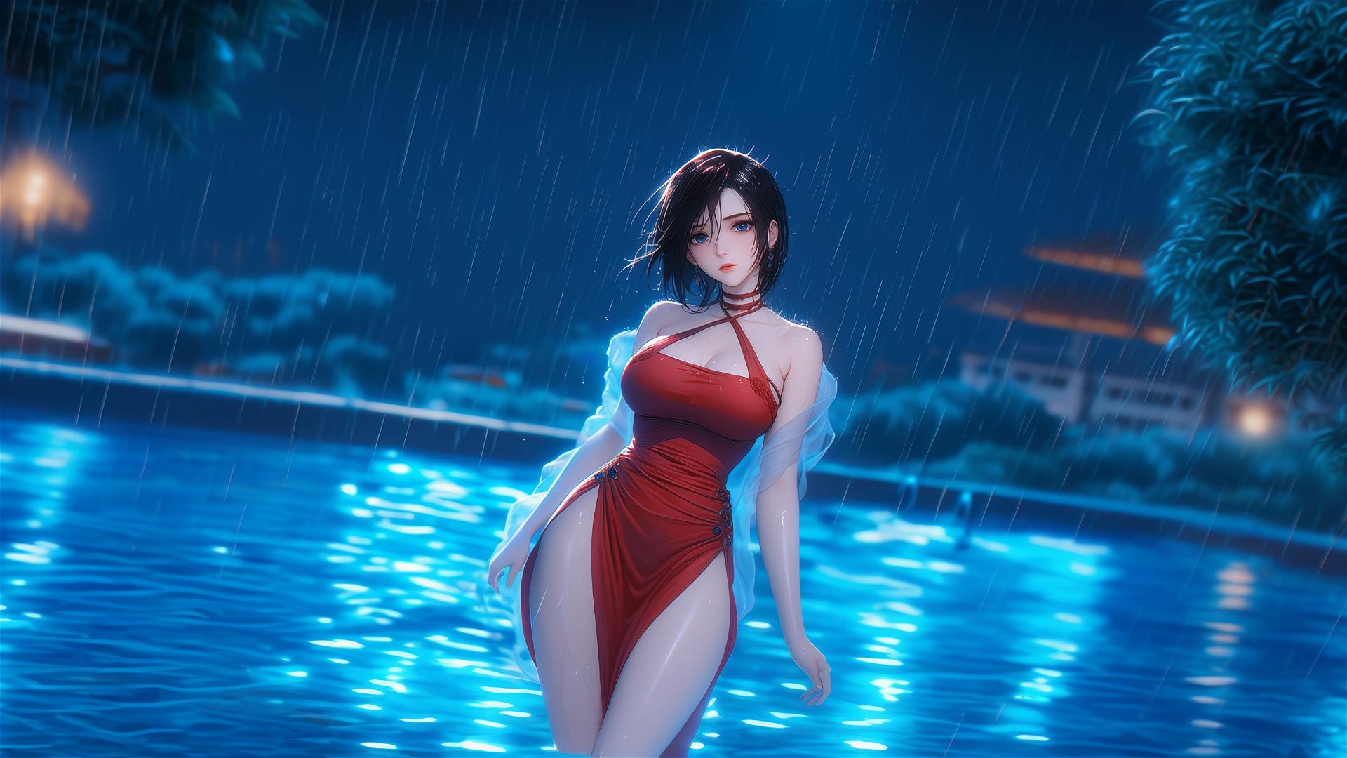 Mikasa Ackerman standing in a rainy swimming pool with moonlight glow, in a red dress.