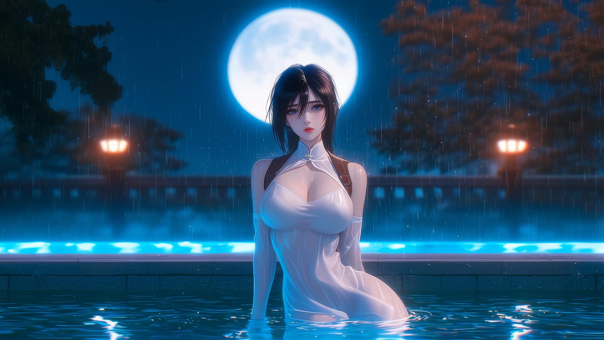 Mikasa Ackerman standing in a rainy swimming pool, illuminated by moonlight, wearing a white dress