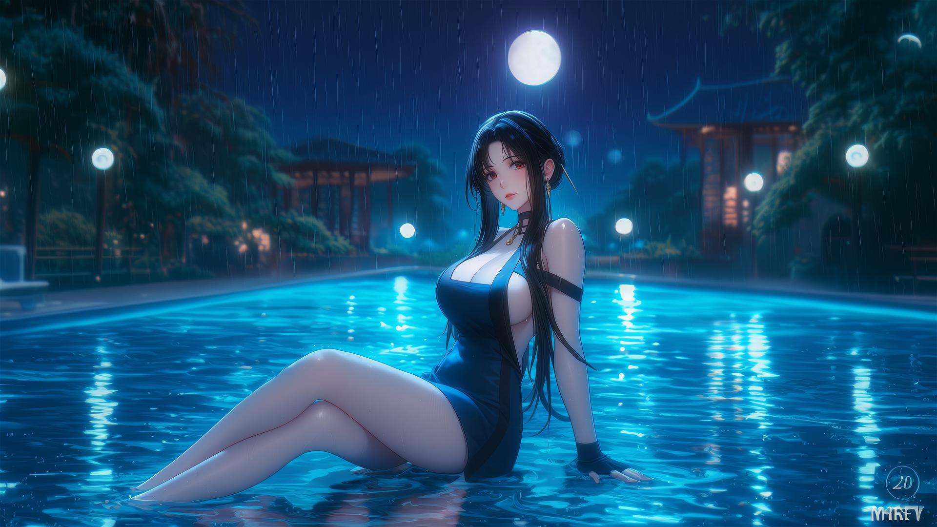 Yor Forger by swimming pool, rain, moonlight, kitchen apron