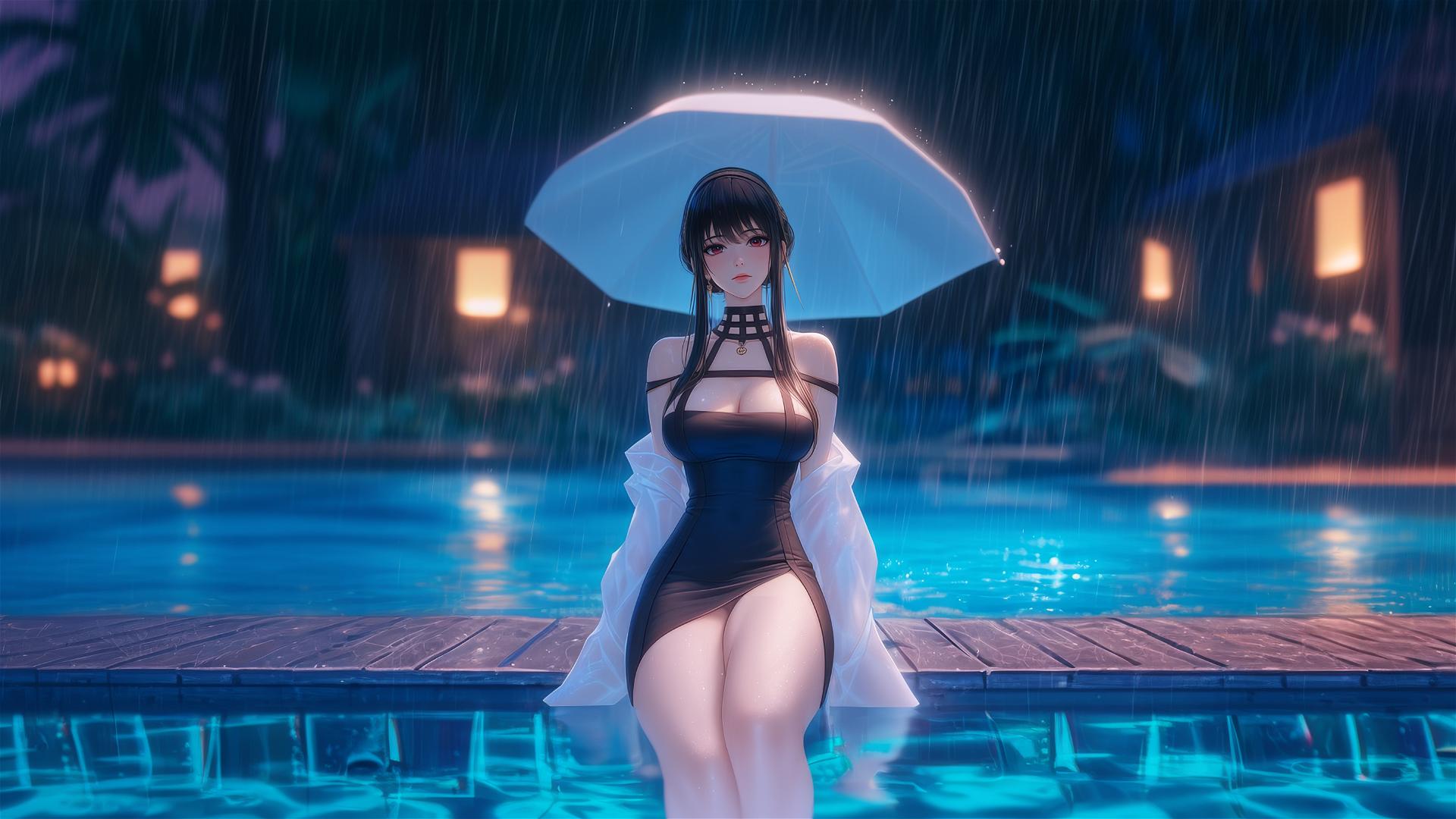 Yor Forger rests by the rainy pool under moonlight