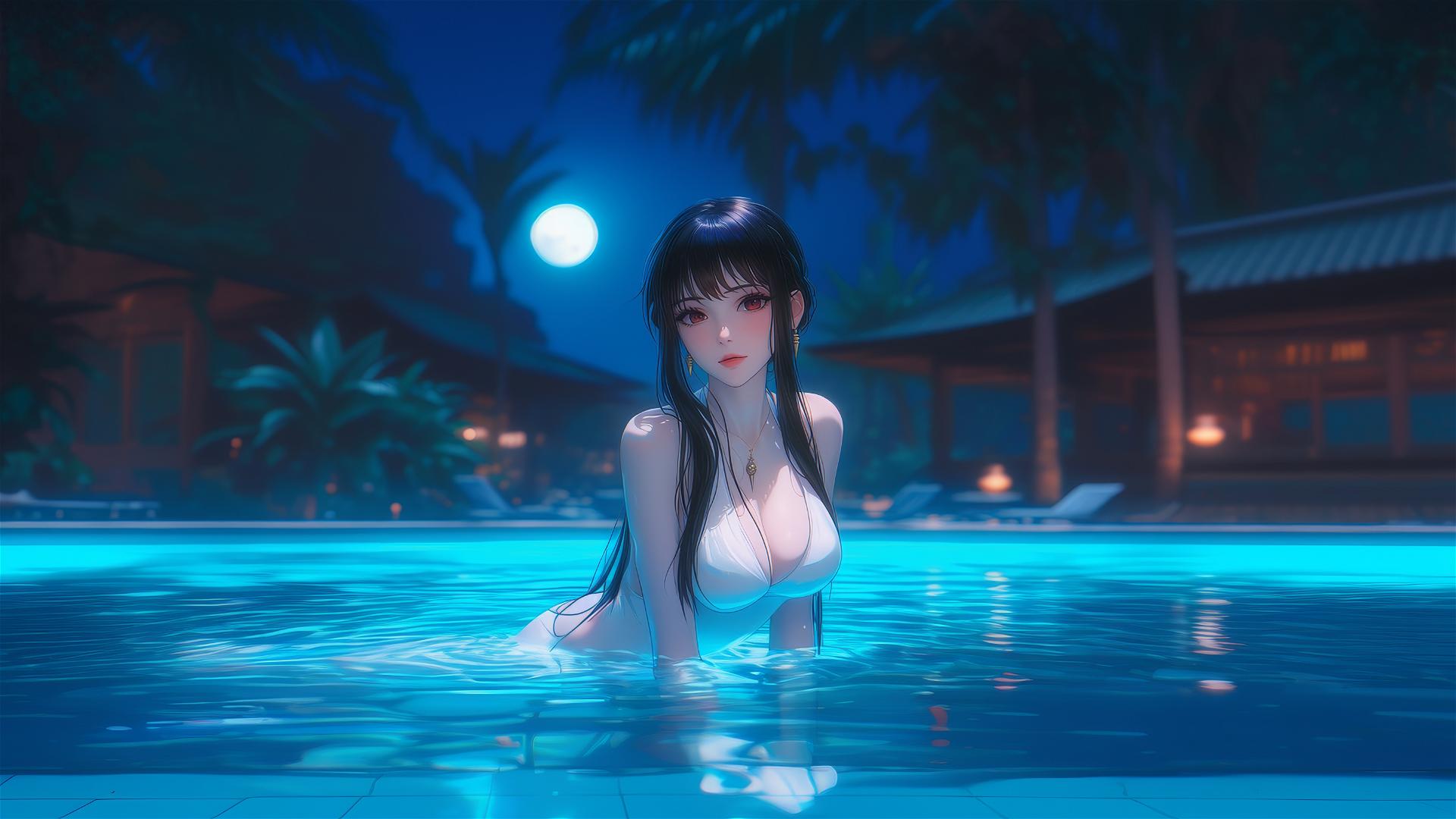 Yor Forger resting by the swimming pool under moonlight