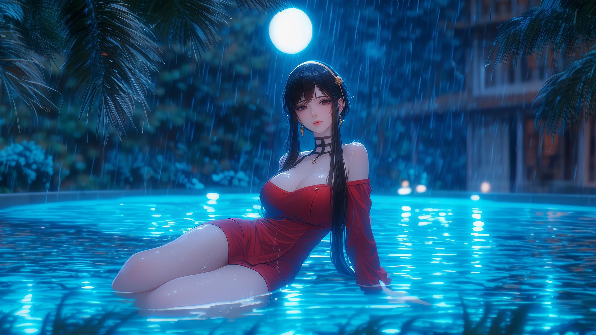 Yor Forger resting by a rainy pool in red pajamas under moonlight
