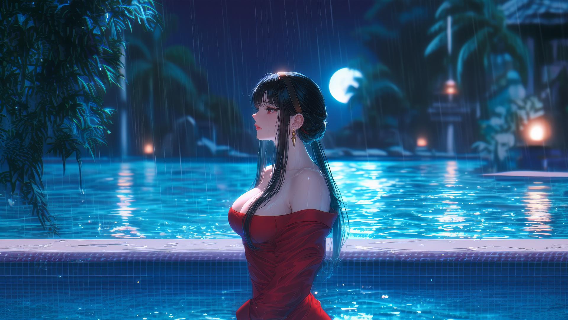 Yor Forger stands in a rainy pool, moonlight glowing on her in red pajamas.