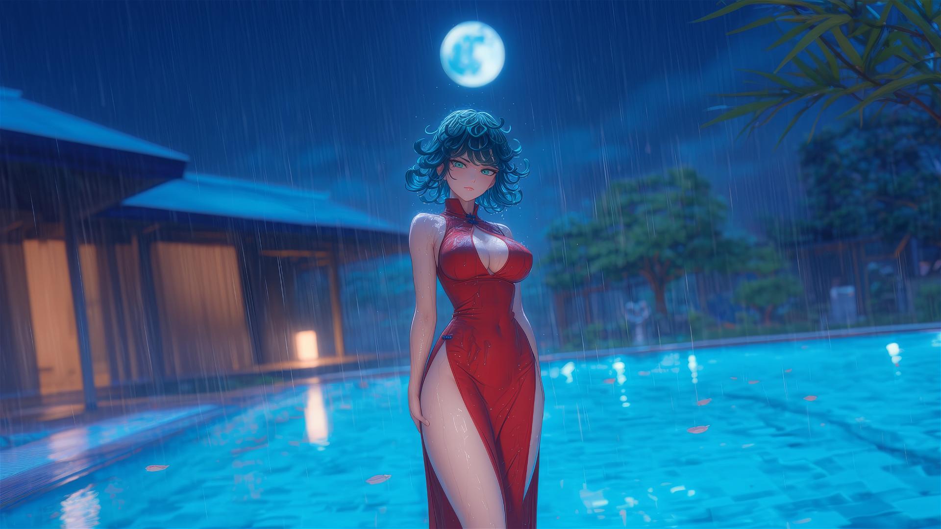 Tatsumaki from One-Punch Man standing in a swimming pool under moonlight in a red dress