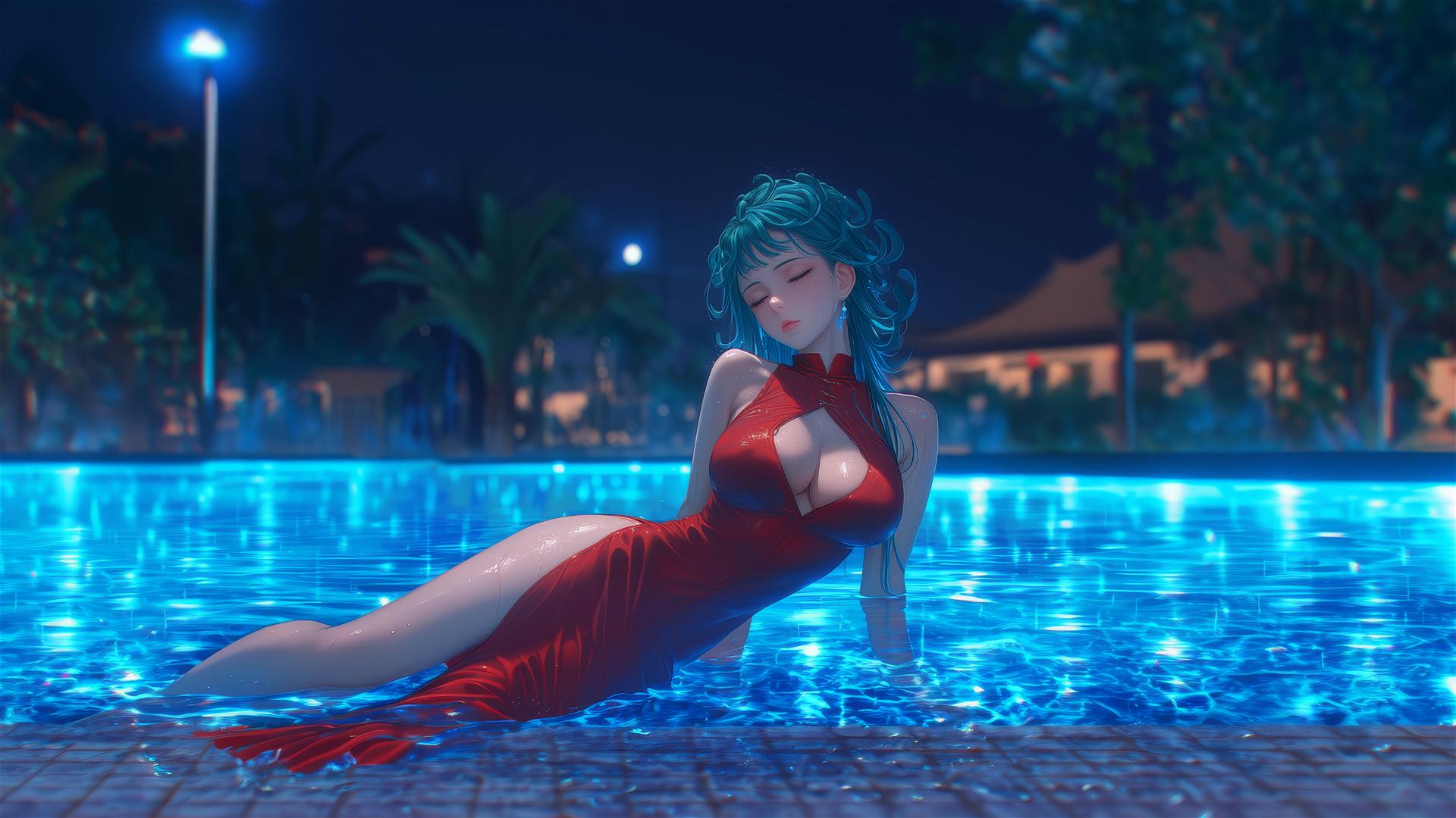 Tatsumaki from One-Punch Man resting by a moonlit swimming pool in a red dress during rain.