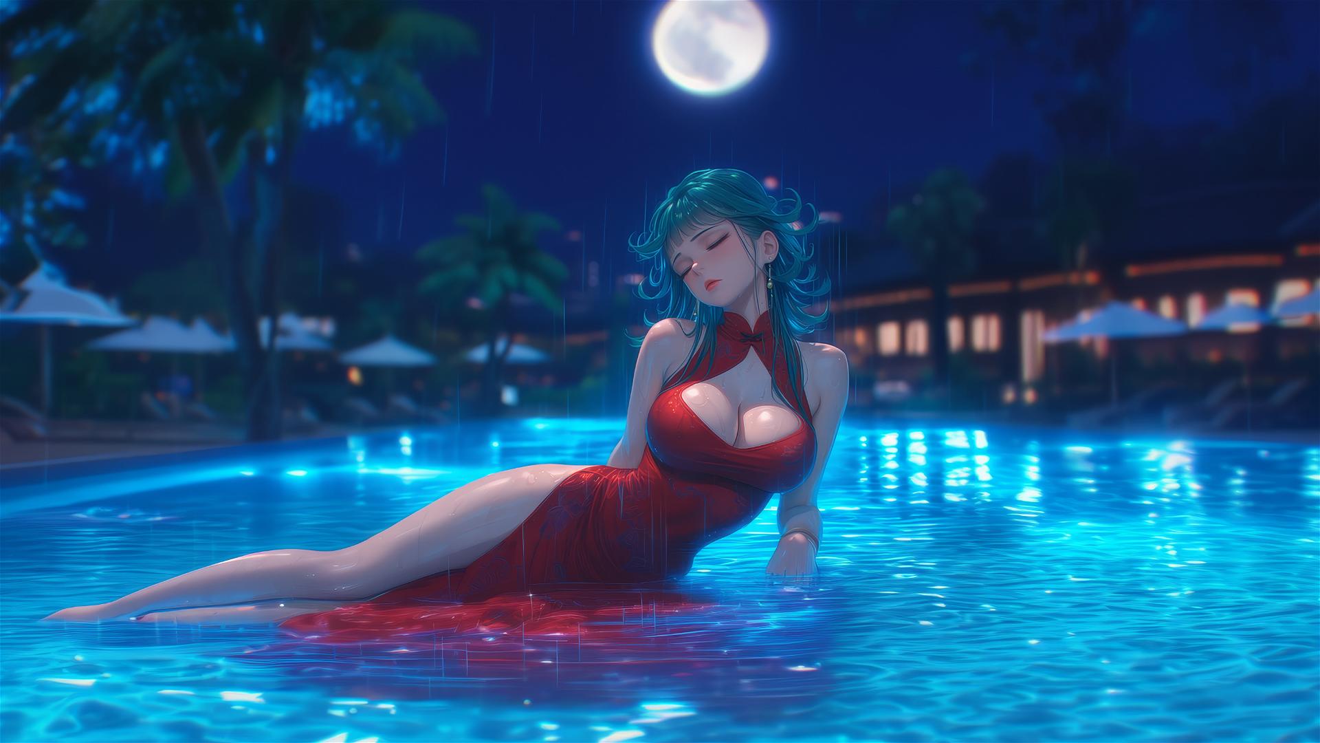 Tatsumaki from One-Punch Man resting by a pool under moonlight in a red dress on a rainy night