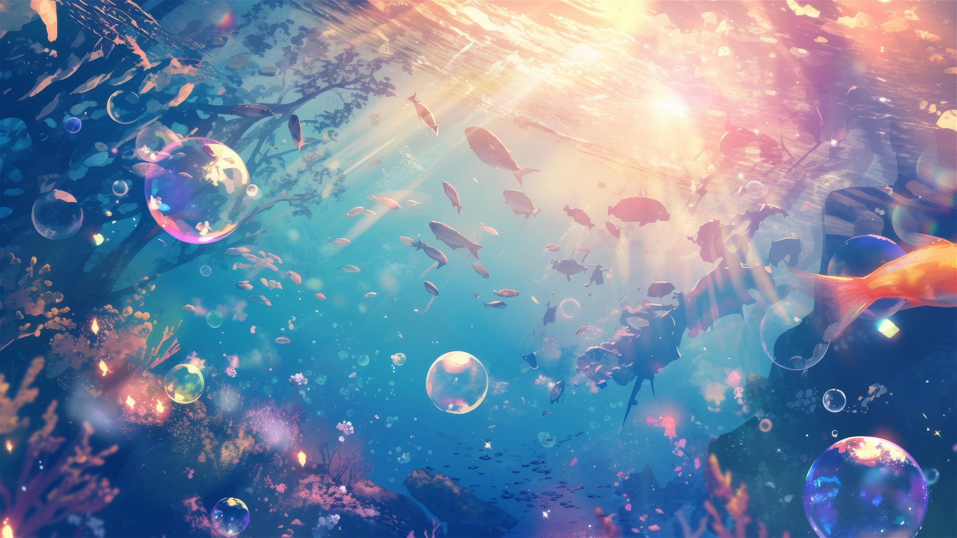 Dreamy underwater scene with fish and bubbles