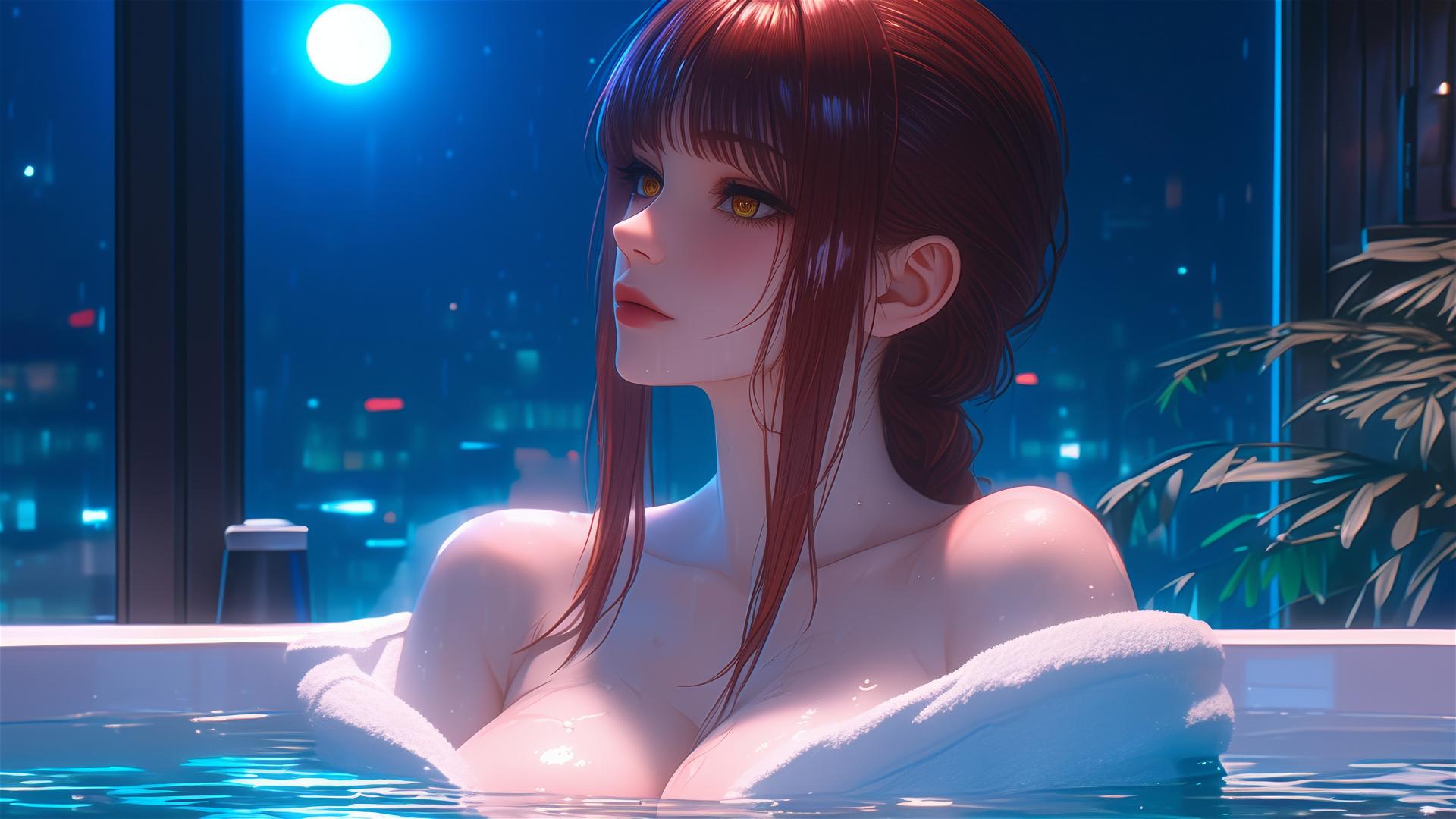 Makima from Chainsaw Man resting in a tub, moonlight glowing on her.