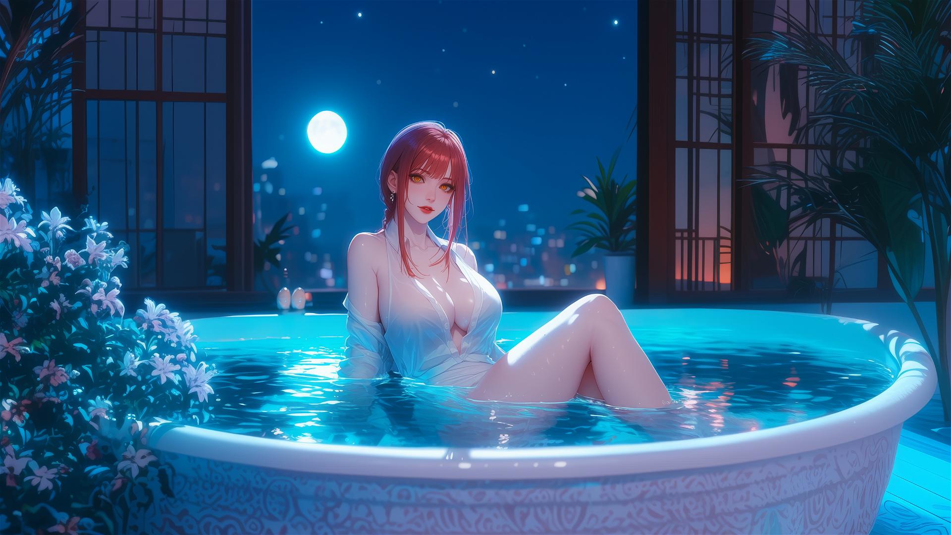 Makima from Chainsaw Man resting in a tub under moonlight.
