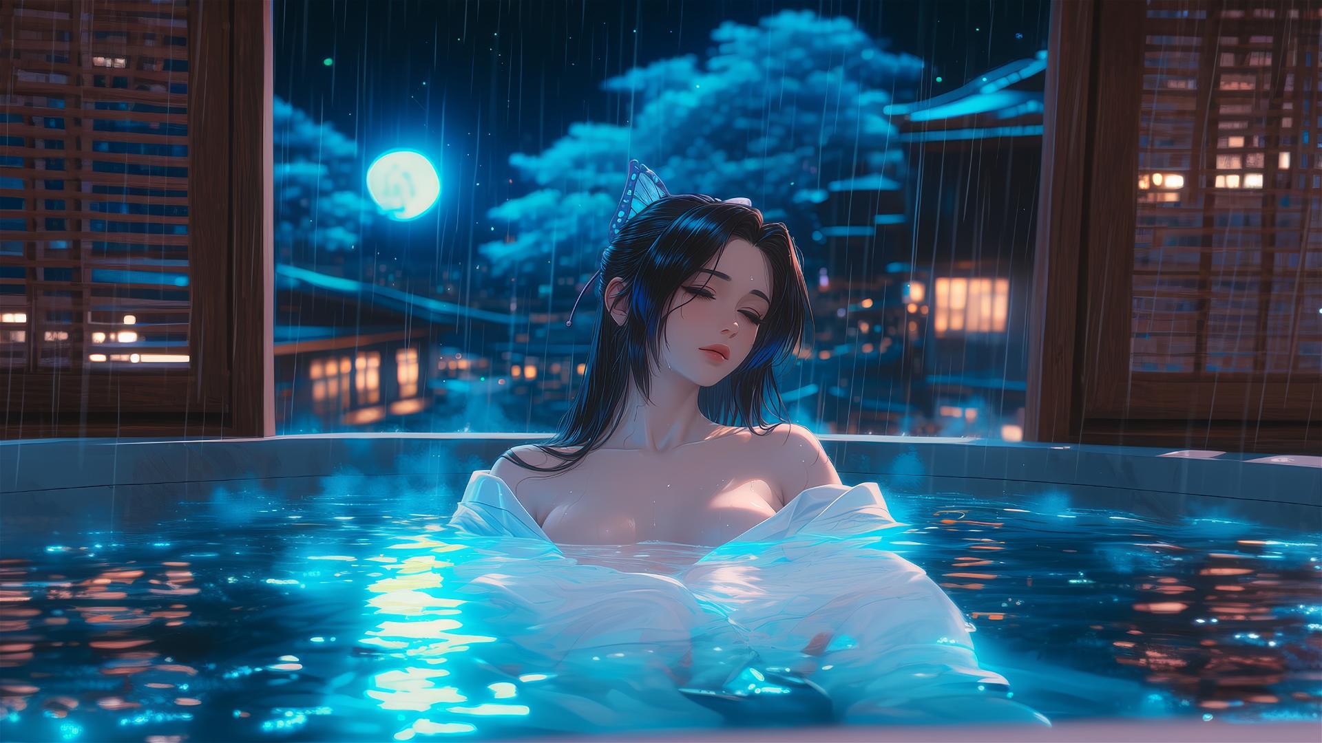 Shinobu Kocho from Demon Slayer resting in a tub with moonlight glow