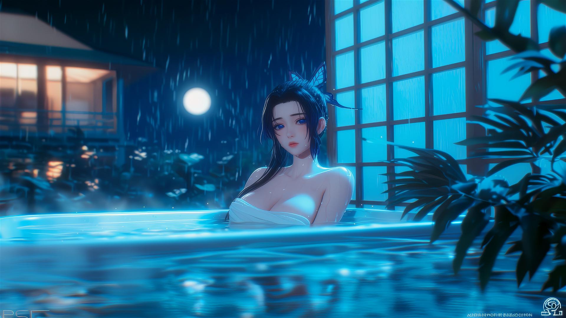 Shinobu Kocho from Demon Slayer resting in a tub with moonlight glow