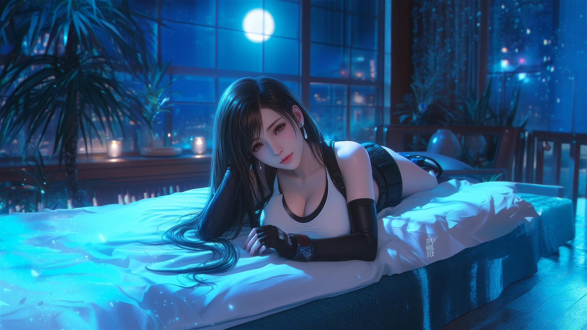 Tifa Lockhart resting in her room with moonlight casting a soft glow