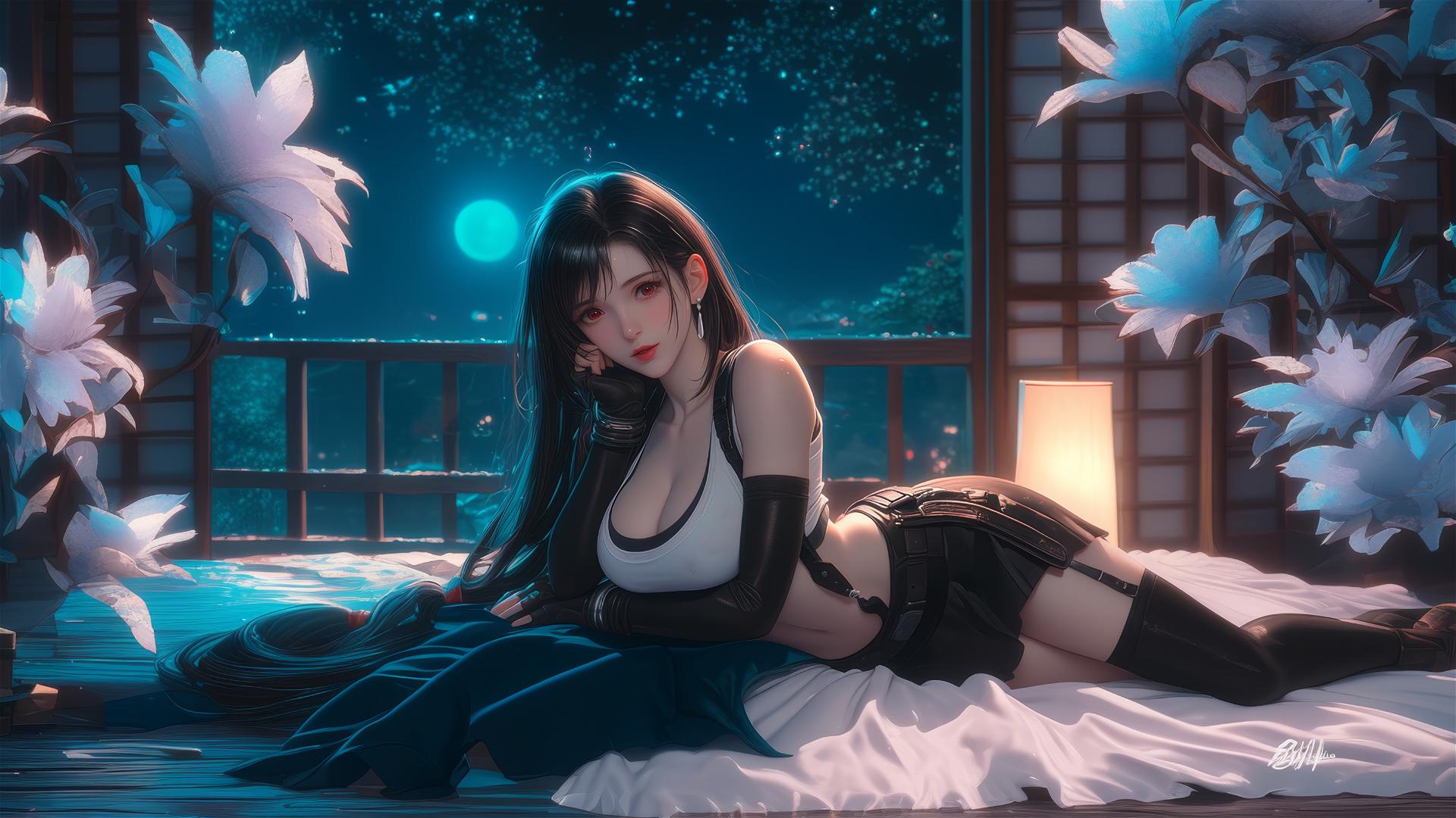 Tifa Lockhart resting in her room with moonlight glow