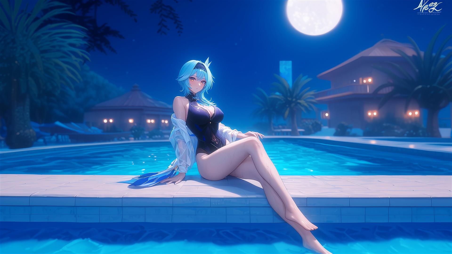 Eula Lawrence resting by a swimming pool under moonlight